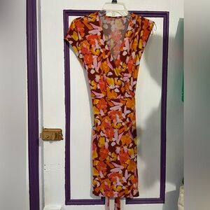 Nine West Floral Orange Wrap Dress - Size M
